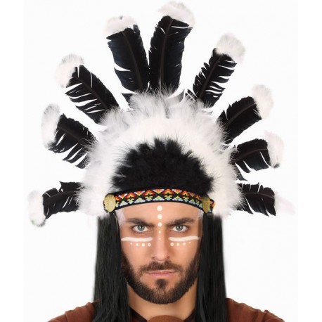 Coiffe Chef Indien Plumes Noires et Blanches