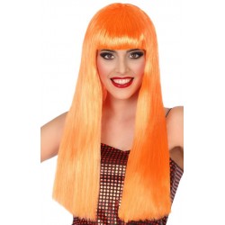 Perruque Longue orange fluo avec Frange 60cm
