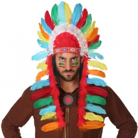 Coiffe de chef indien à plumes multicolores - Déguisement Mania